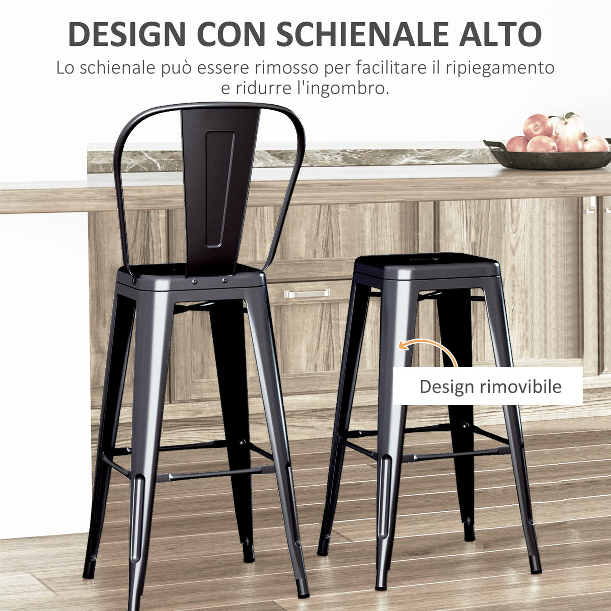 easycomfort easycomfort set 2 sgabelli da bar industriale con schienale rimovibile e poggiapiedi in metallo 44x49x116 cm nero