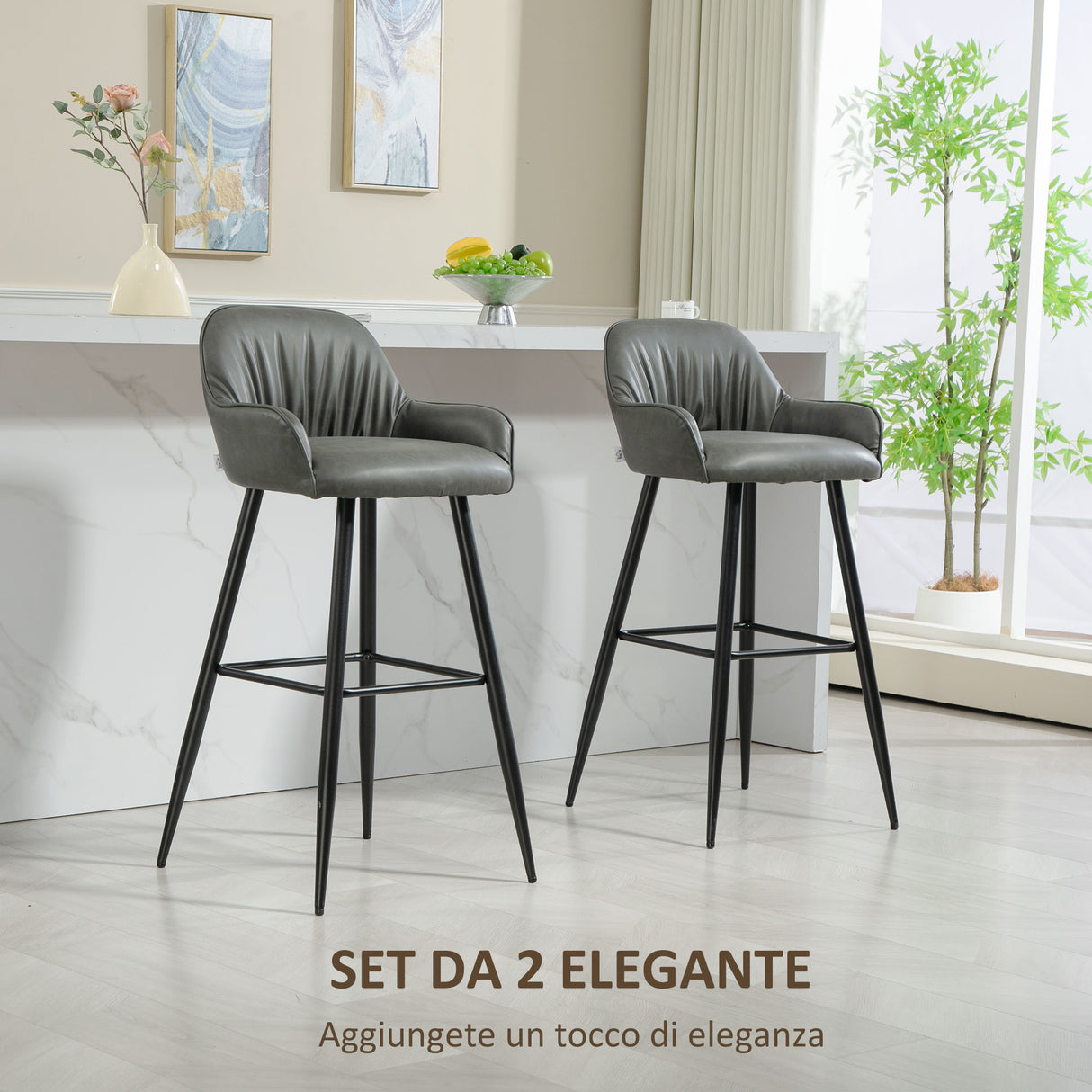 easycomfort easycomfort set 2 sgabelli da bar moderni con poggiapiedi e schienale finta pelle pu e acciaio grigio