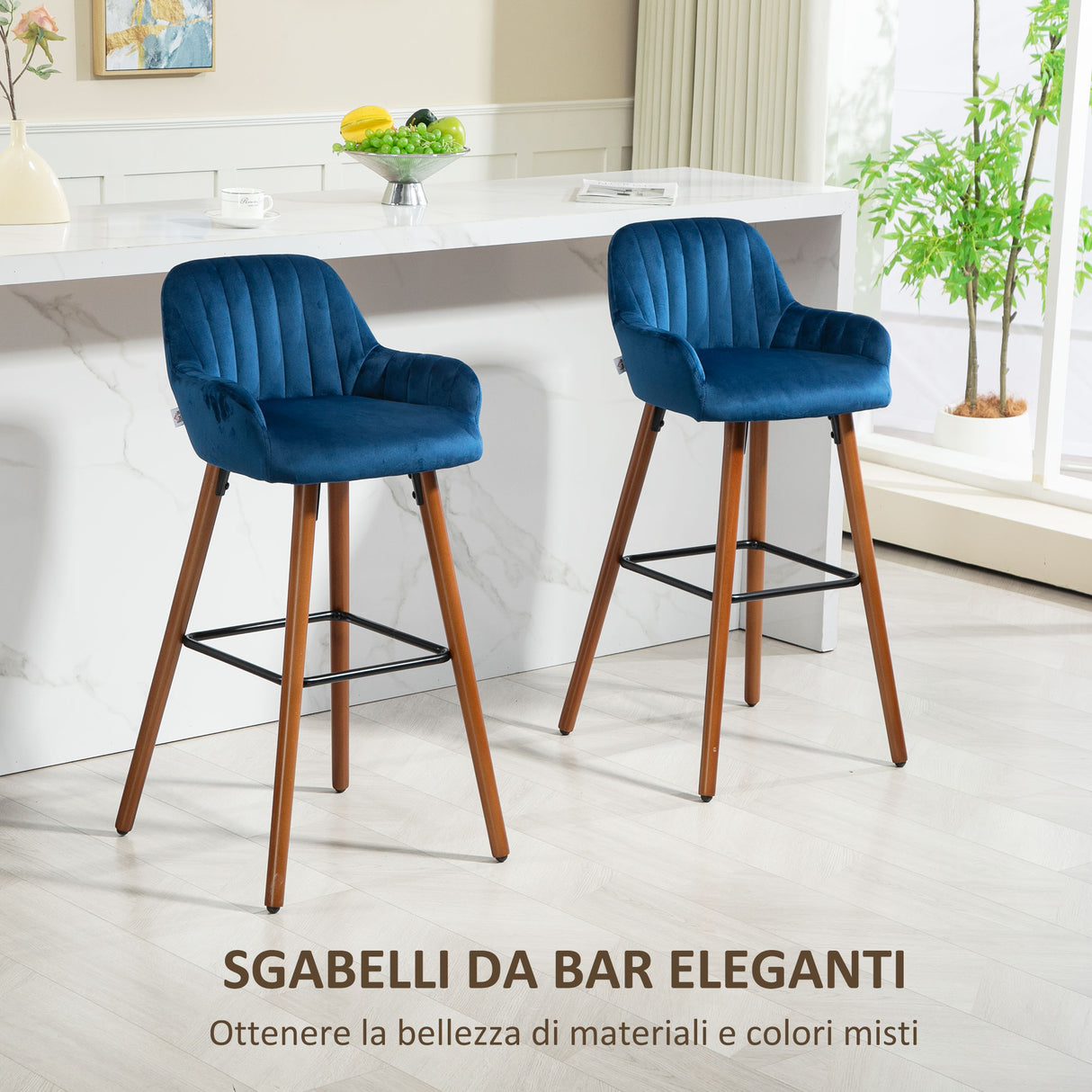 easycomfort easycomfort set 2 sgabelli da bar moderni in velluto con schienale e braccioli base in legno e poggiapiedi blu scuro