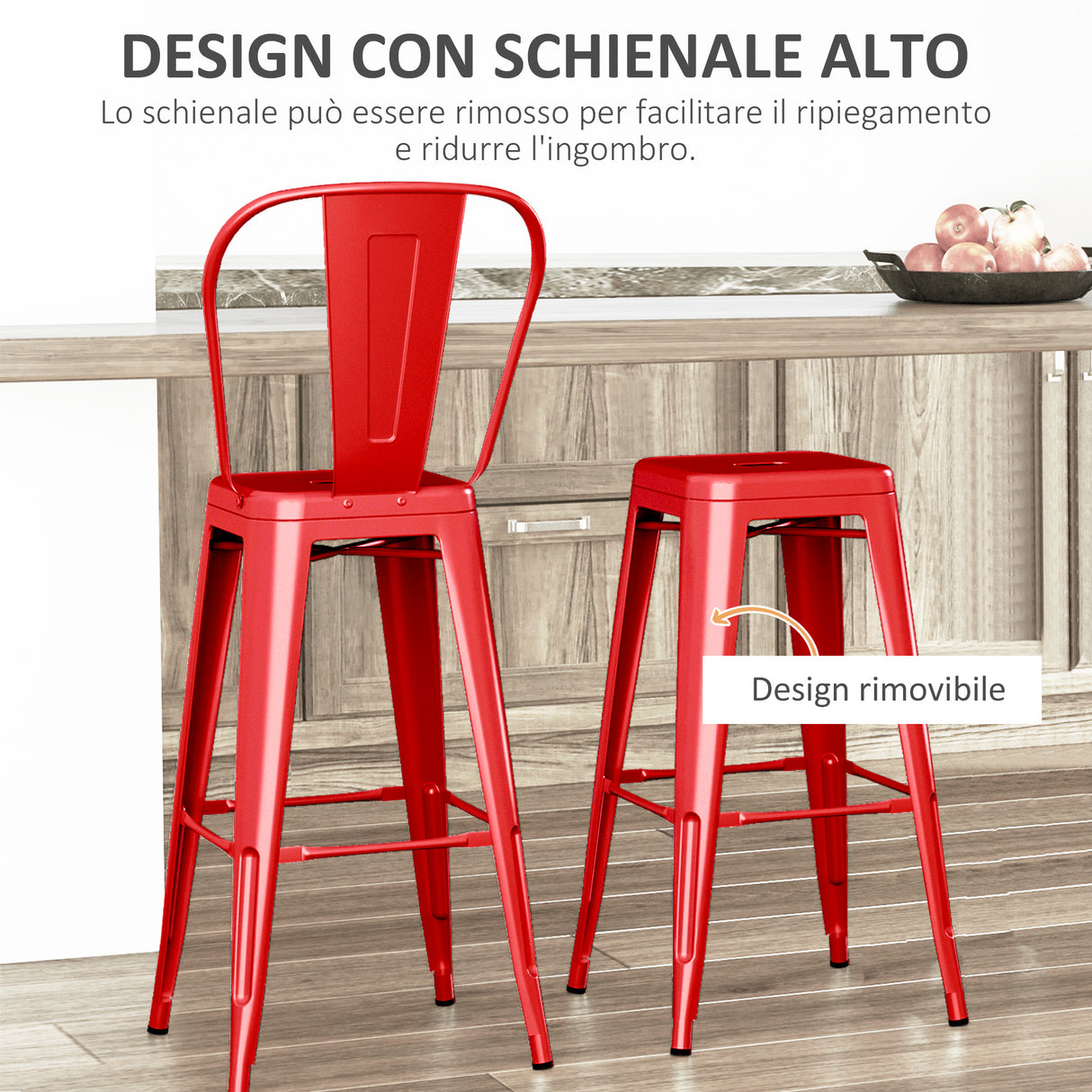 easycomfort easycomfort set 2 sgabelli da cucina di design con schienale rimovibile e poggiapiedi in metallo 44x49x116 cm rosso