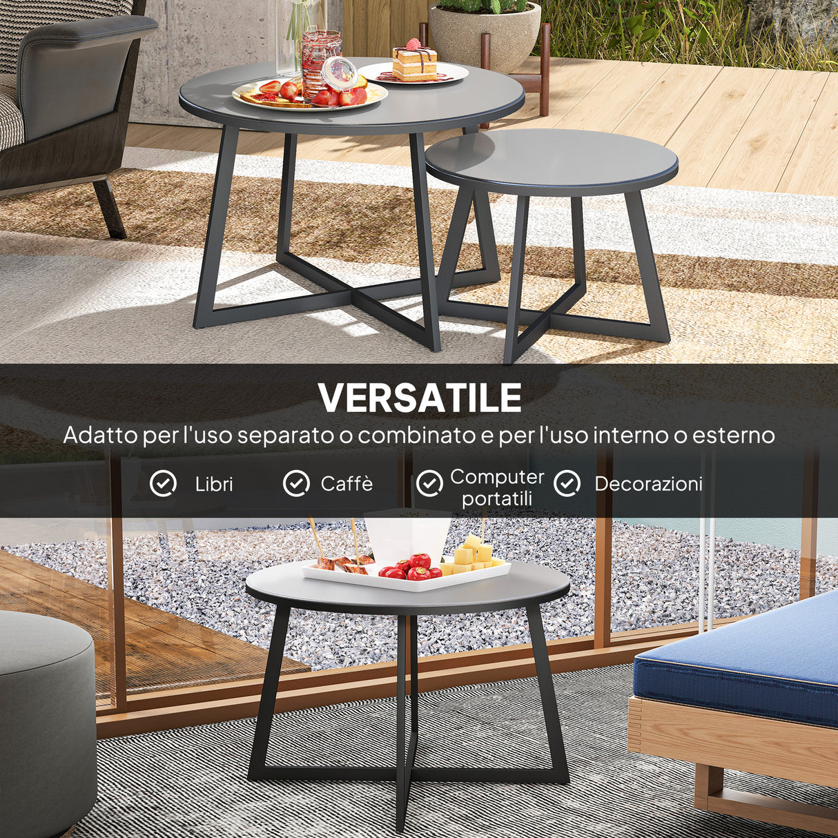 easycomfort easycomfort set 2 tavolini per esterni con piano in vetro temperato 70x45 cm e 50x35 cm grigio