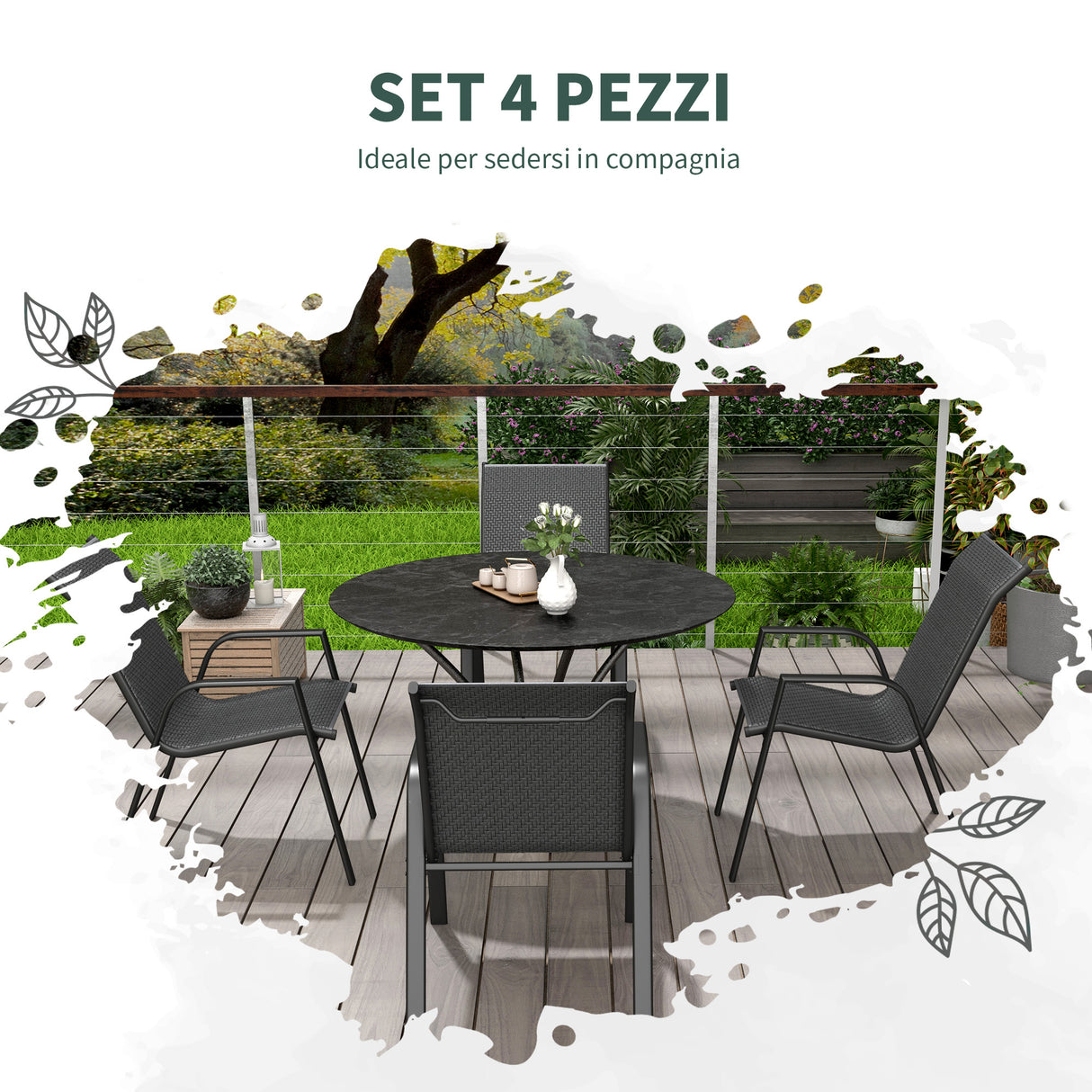 easycomfort easycomfort set 4 sedie da giardino impilabili con braccioli in rattan pe e acciaio grigio