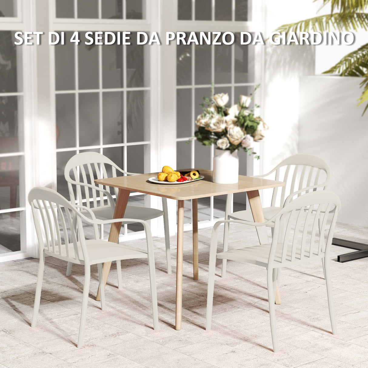 easycomfort easycomfort set 4 sedie da giardino impilabili in pp con schienale alto e braccioli 57x54x78 cm bianco