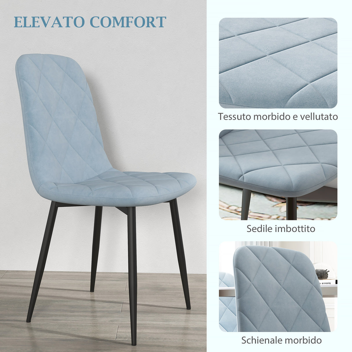easycomfort easycomfort set 4 sedie per cucina imbottite in tessuto effetto velluto e acciaio 45x54x87 cm azzurro