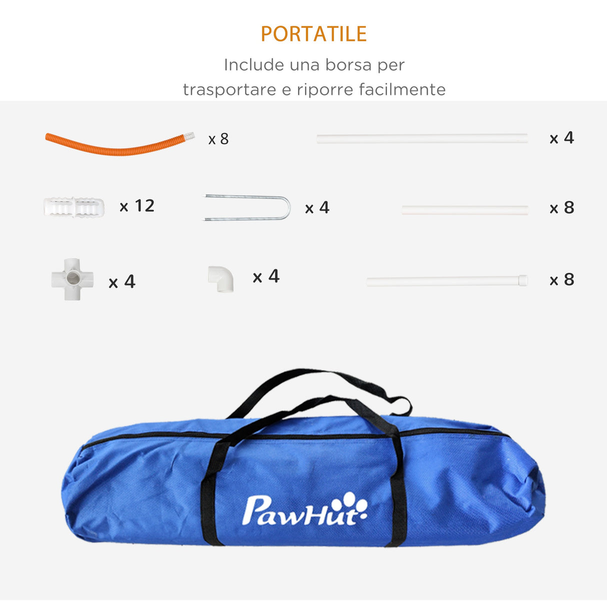 easycomfort easycomfort set agility dog 4 pezzi con 4 picchetti e borsa da trasporto in pe e abs 89x69x99 cm bianco e arancione