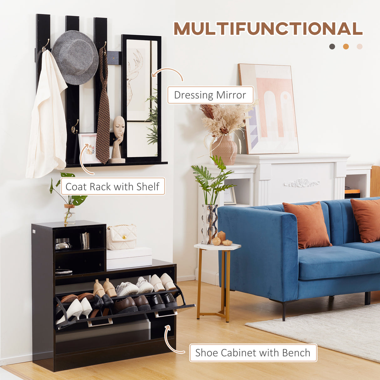 easycomfort easycomfort set appendi abiti da ingresso con specchio e scarpiera per 8 paia di scarpe nero lucido