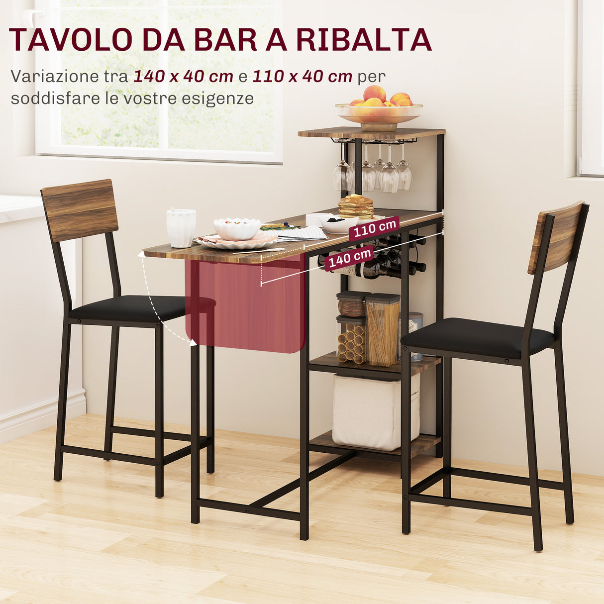 easycomfort easycomfort set bancone bar pieghevole e 2 sgabelli alti con schienale portavini e portacalici marrone