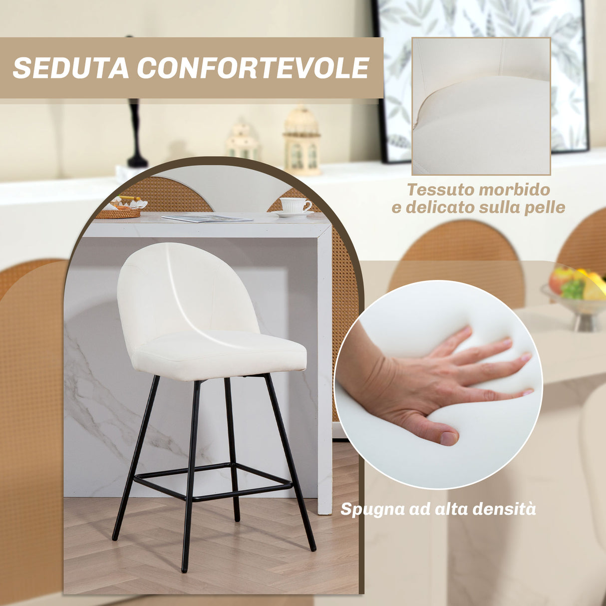 easycomfort easycomfort set da 2 sgabelli da bar con schienale in velluto e poggiapiedi in acciaio bianco crema