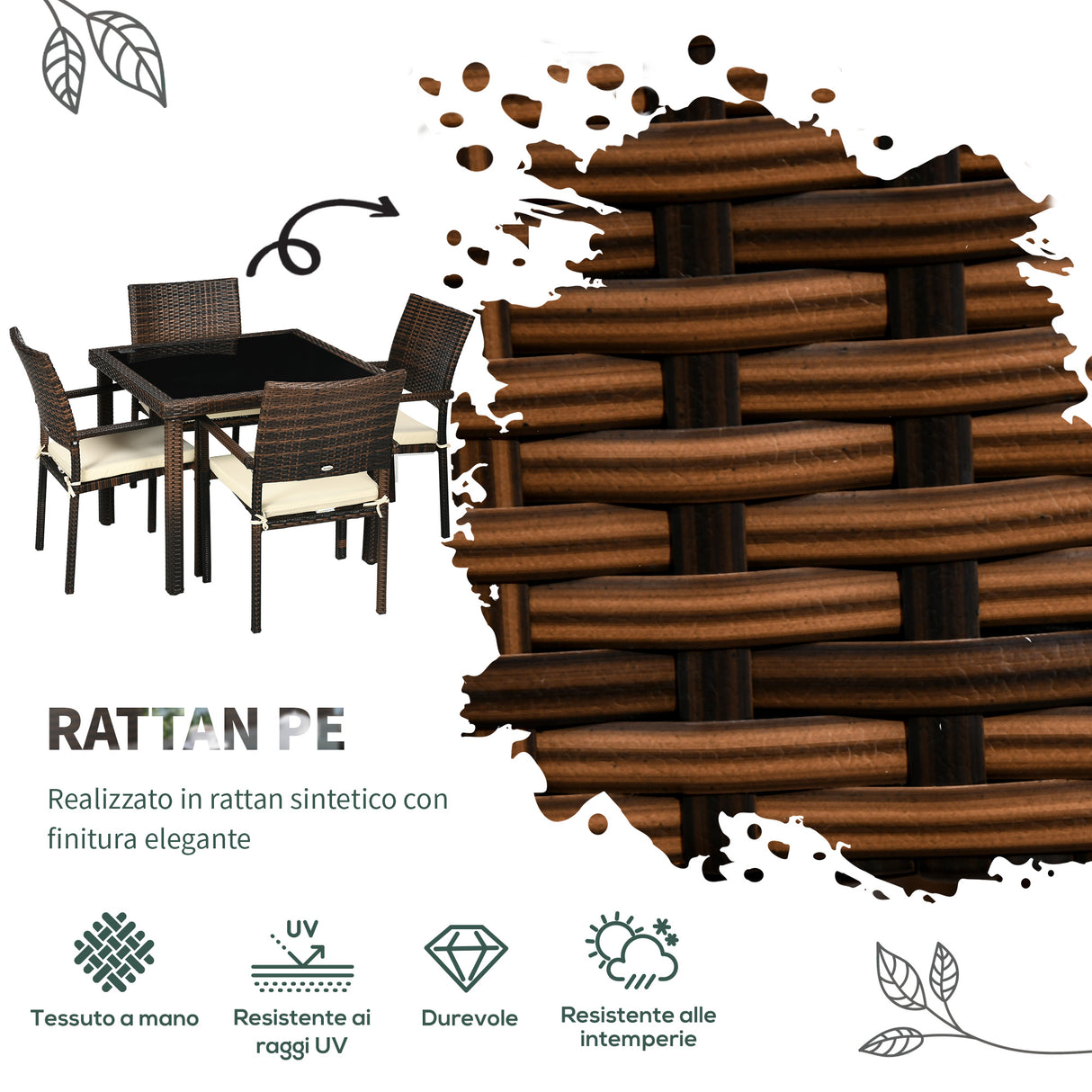 easycomfort easycomfort set da esterni in rattan pe con tavolo e 4 sedie con cuscini marrone