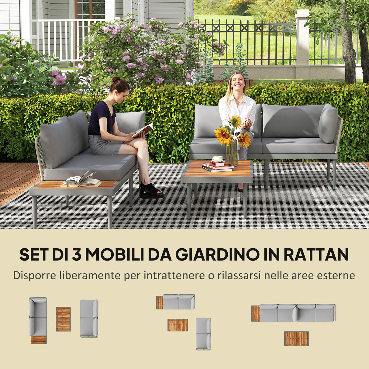 easycomfort easycomfort set da esterno 3 pezzi con 2 divanetti 2 posti e tavolino basso in rattan e acciaio grigio e color legno
