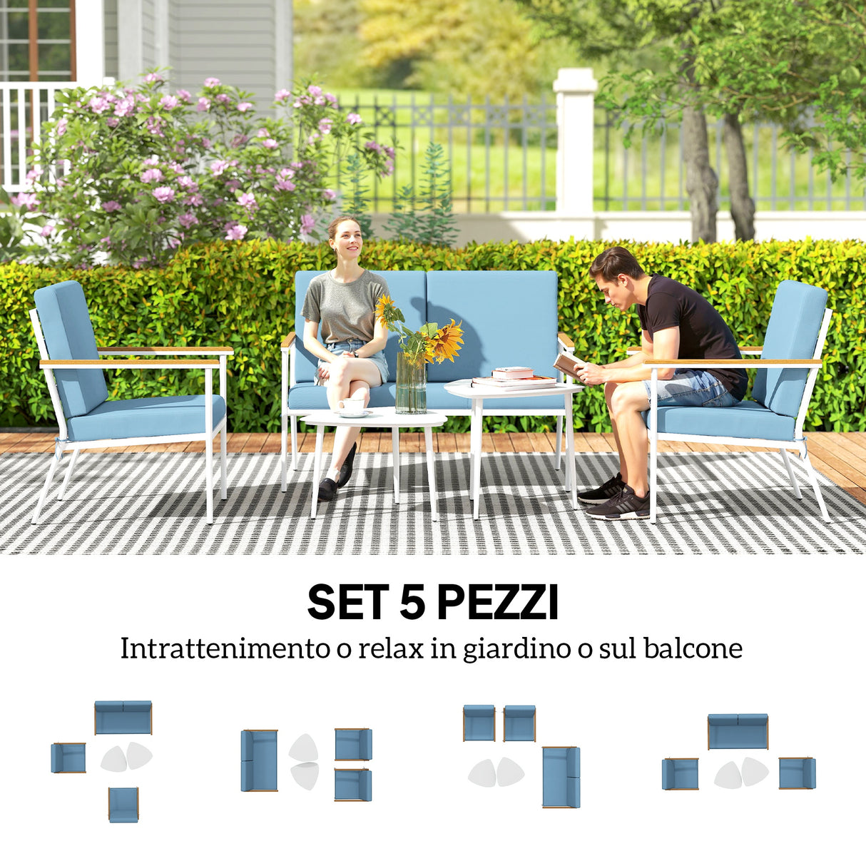 easycomfort easycomfort set da esterno con divano 2 posti 2 poltrone e 2 tavolini da caffe in vetro azzurro