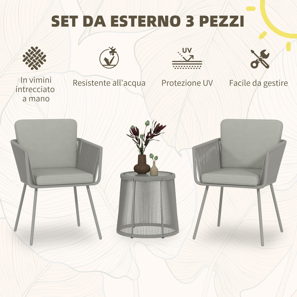 easycomfort easycomfort set da esterno con tavolino in vetro e 2 sedie da giardino in rattan stile boho grigio chiaro