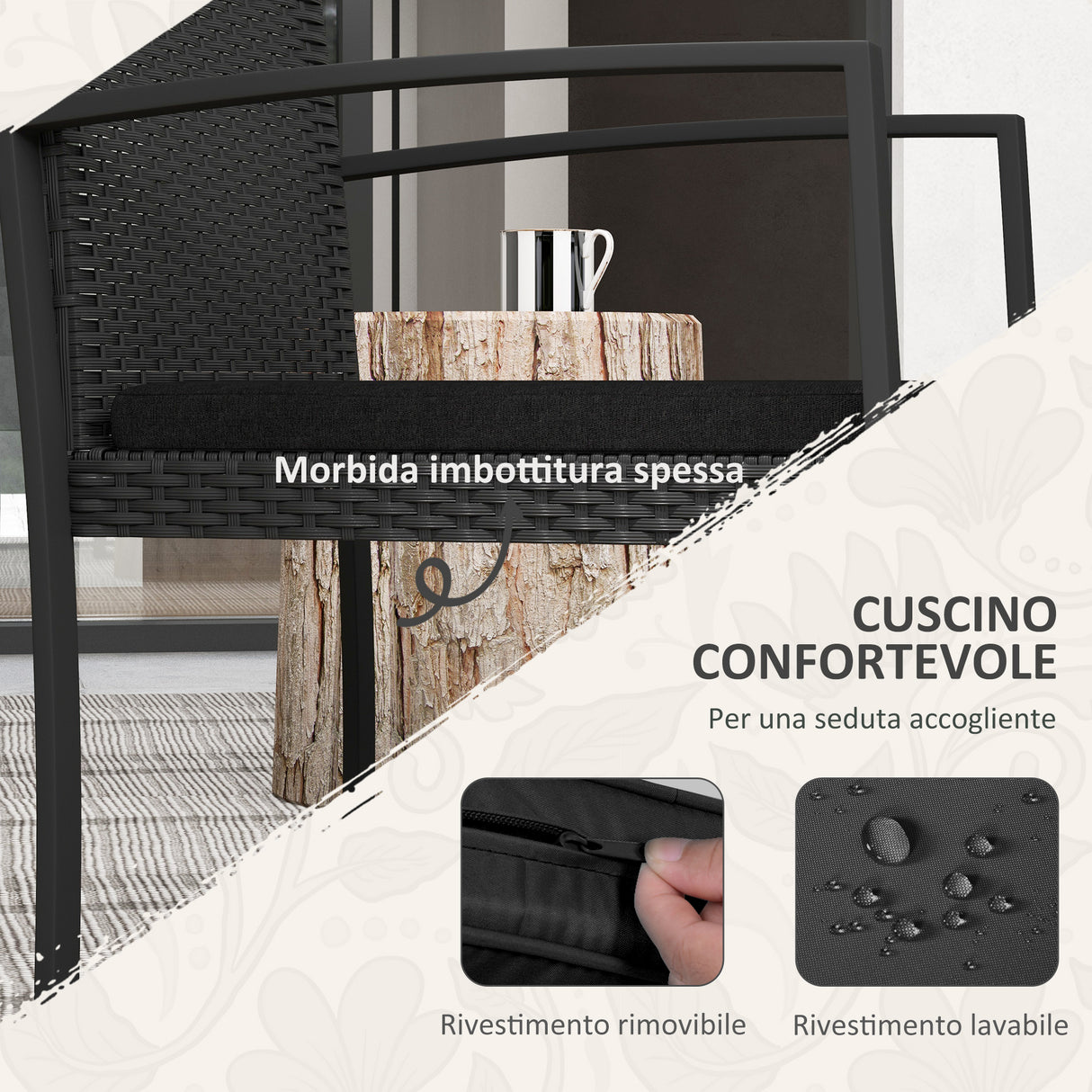 easycomfort easycomfort set da giardino 3 pezzi con 2 sedie con cuscini e tavolino con piano in vetro effetto rattan nero