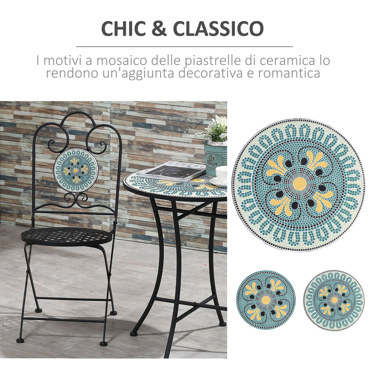 easycomfort easycomfort set da giardino 3 pezzi con mosaico tavolino e 2 sedie pieghevoli verde