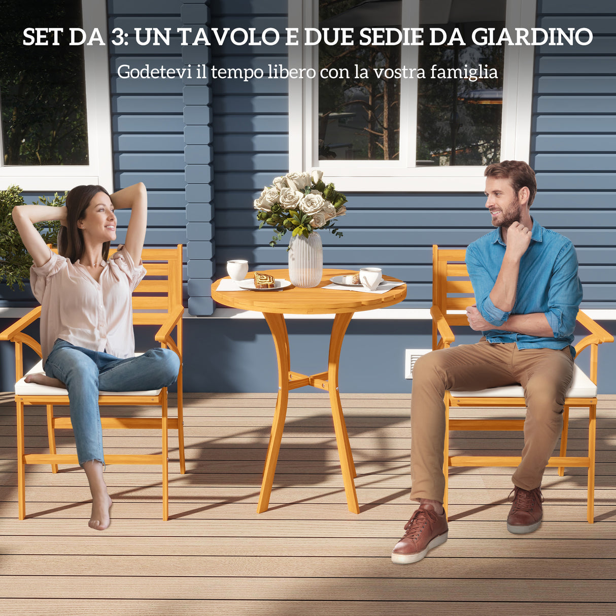 easycomfort easycomfort set da giardino 3 pezzi in legno di pino con tavolo rotondo 68x78 cm e 2 sedie 55x52x87 5 cm con cuscini