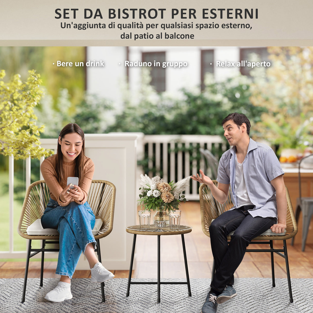 easycomfort easycomfort set da giardino 3 pezzi in rattan pe e acciaio con 2 sedie con cuscini e tavolino rotondo multicolore