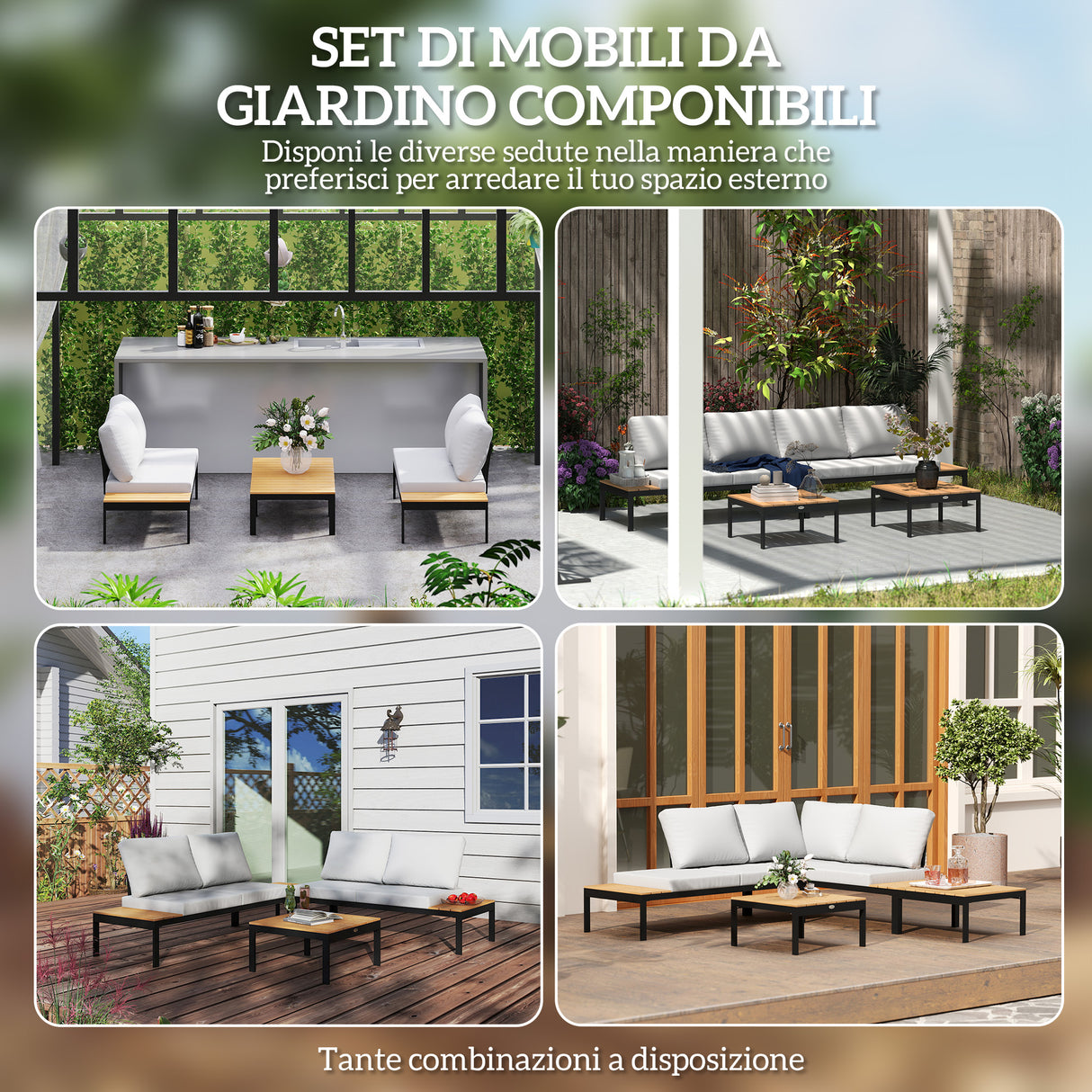 easycomfort easycomfort set da giardino 4 pezzi con 2 divanetti 2 posti e 2 tavolini in metallo e legno composito grigio nero e teak