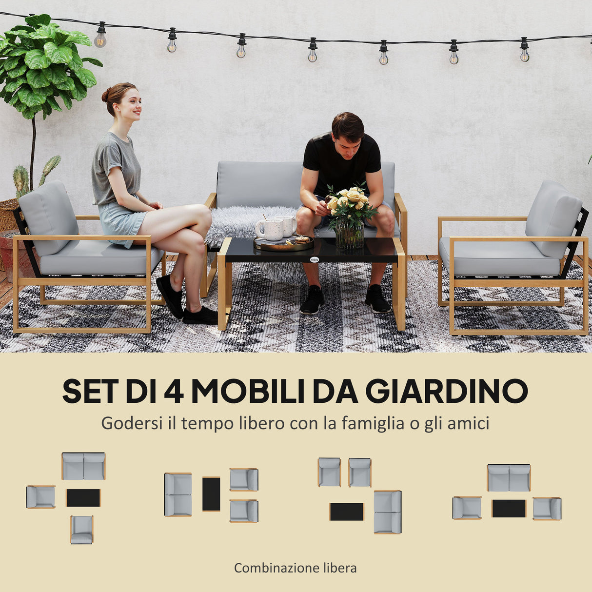 easycomfort easycomfort set da giardino 4 pezzi con 2 poltrone divanetto e tavolino in alluminio e fibra grigio e color legno