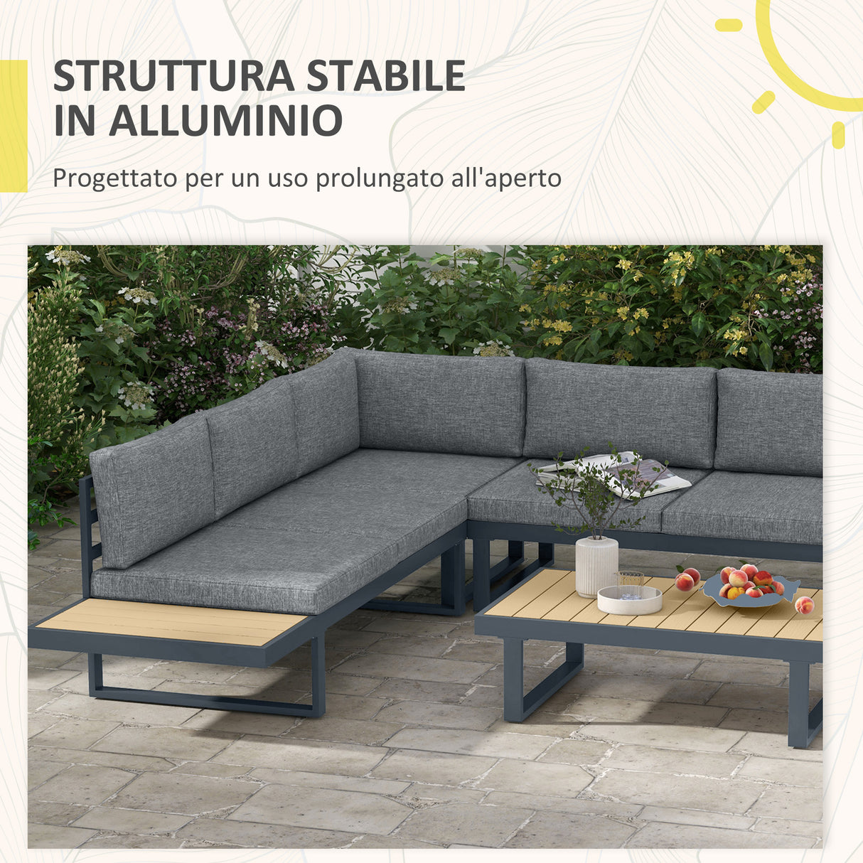 easycomfort easycomfort set da giardino 4 pezzi in alluminio con 2 divanetti poltrona angolare e tavolino da caffe grigio e teak
