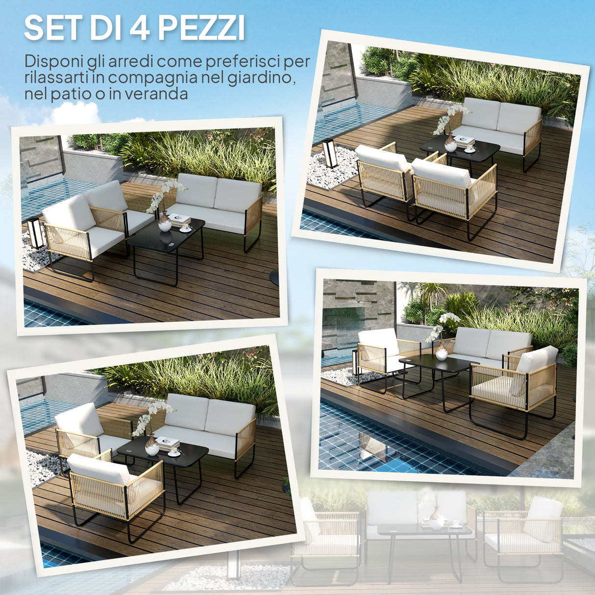 easycomfort easycomfort set da giardino 4 pezzi in rattan e acciaio con divanetto 2 poltrone da esterno e tavolino basso multicolore