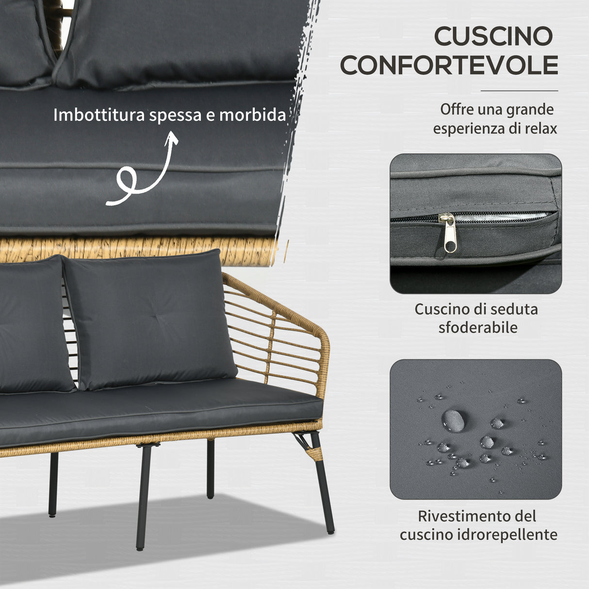 easycomfort easycomfort set da giardino 4 pezzi in rattan pe e acciaio con 2 sedie divano 2 posti e tavolino marrone nero e grigio