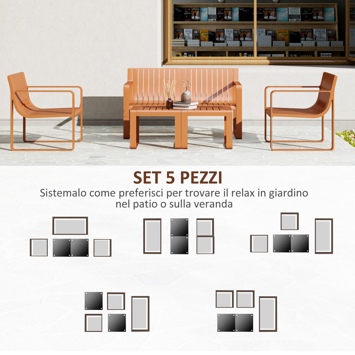 easycomfort easycomfort set da giardino 5 pezzi a doghe con divanetto 2 poltroncine e 2 tavolini in polipropilene arancione