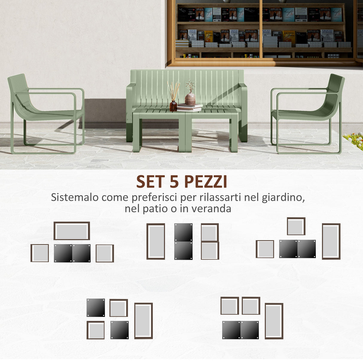 easycomfort easycomfort set da giardino 5 pezzi a doghe con divanetto 2 poltroncine e 2 tavolini in polipropilene verde