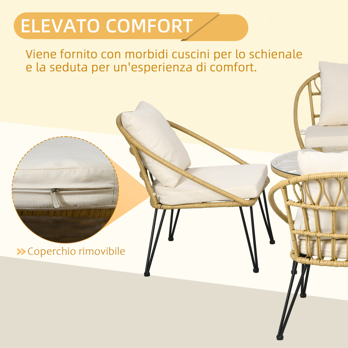 easycomfort easycomfort set da giardino 5 pezzi in rattan con tavolo rotondo 82x50 cm e 4 sedie 72x72x75 cm con cuscini