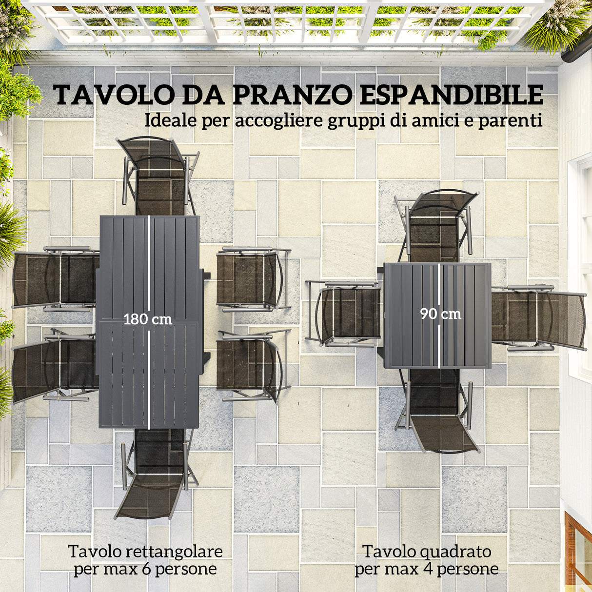 easycomfort easycomfort set da giardino 7 pezzi con 6 sedie pieghevoli e tavolo allungabile in acciaio alluminio e rete grigio e nero