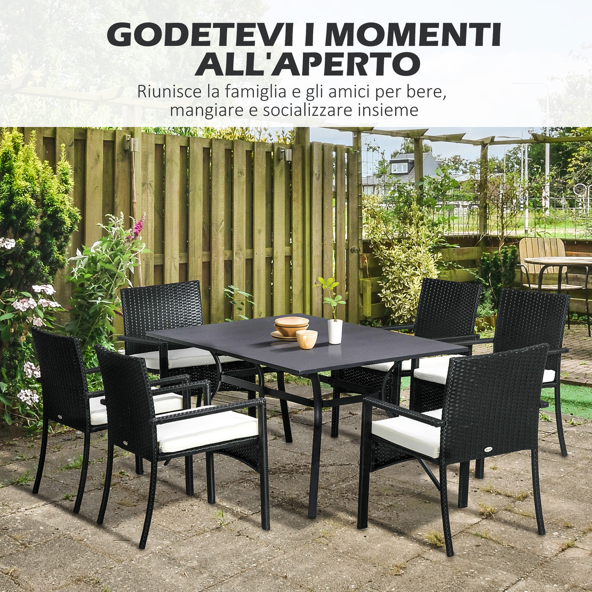 easycomfort easycomfort set da giardino 7 pezzi in rattan pe con tavolo da pranzo 150x90x72 cm e 6 sedie 58x62x87 cm con cuscini