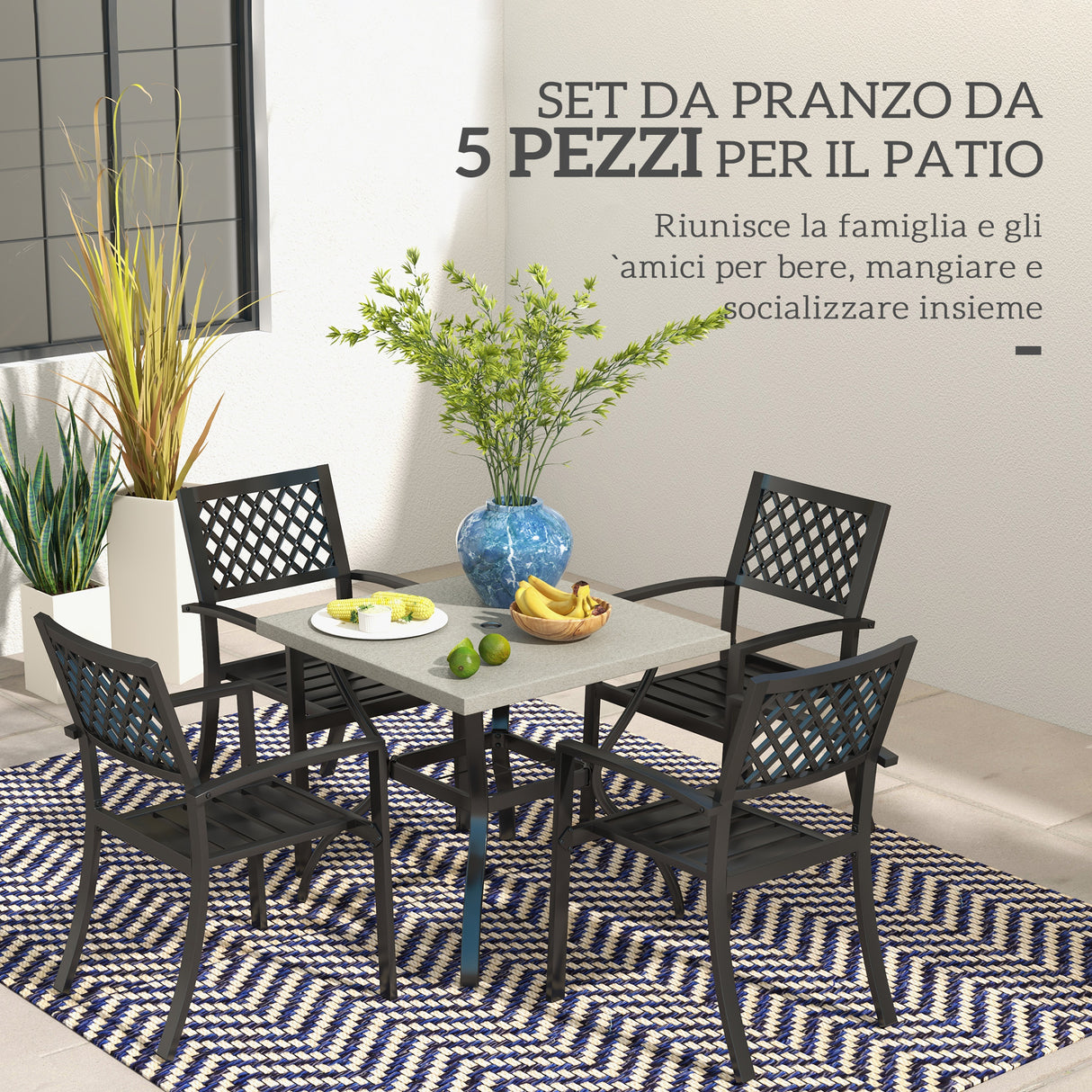 easycomfort easycomfort set da giardino con 4 sedie impilabili e tavolo quadrato effetto marmo grigio