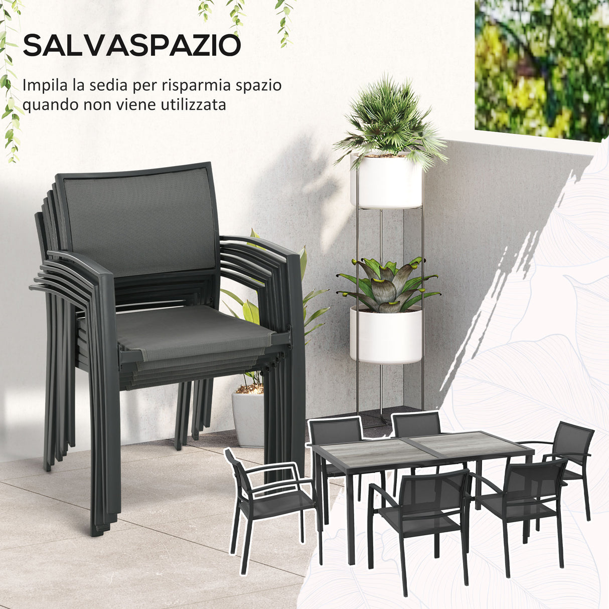 easycomfort easycomfort set da giardino con 6 sedie impilabili in tessuto a rete e tavolo effetto legno grigio