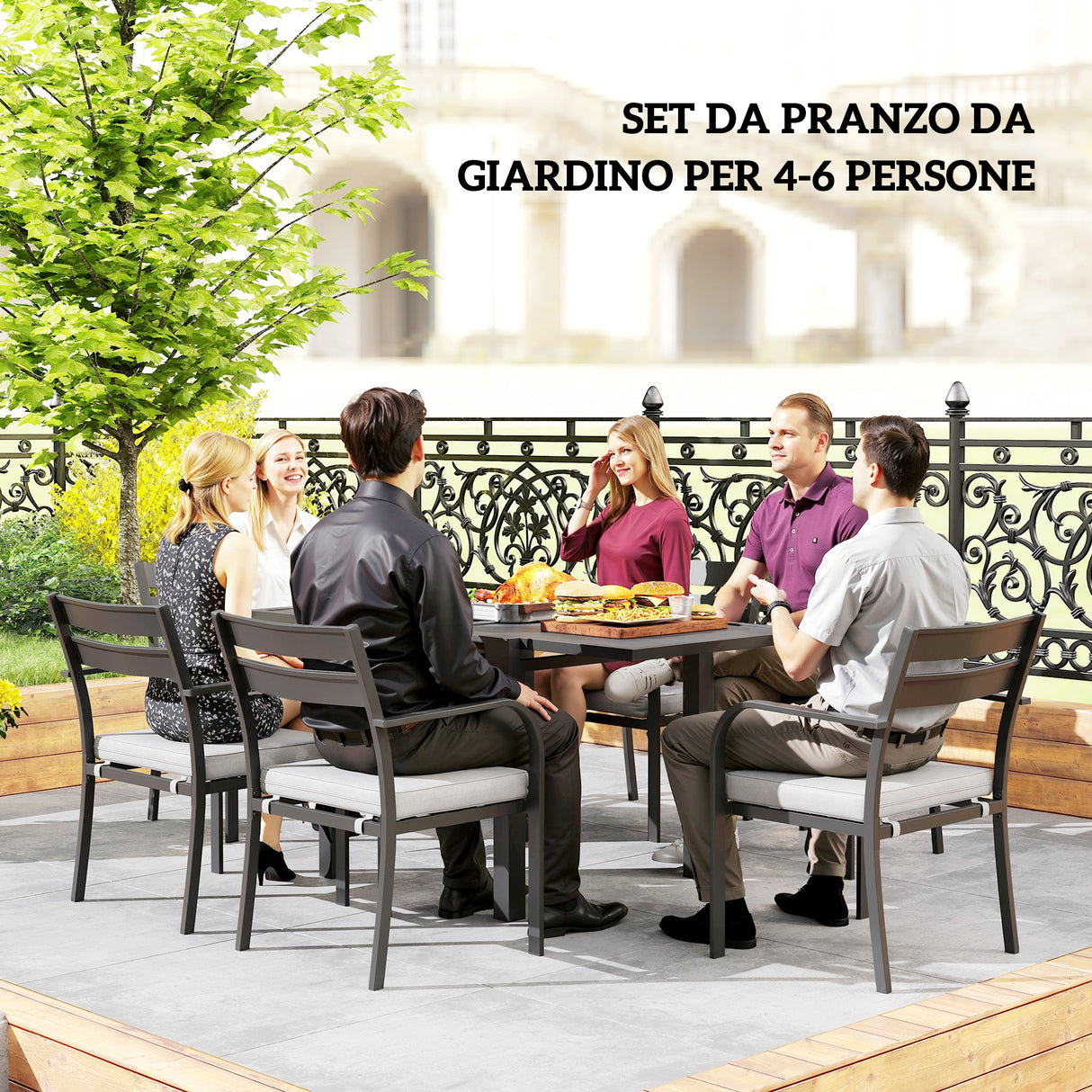 easycomfort easycomfort set da giardino con tavolo allungabile e 6 sedie impilabili con cuscini grigio