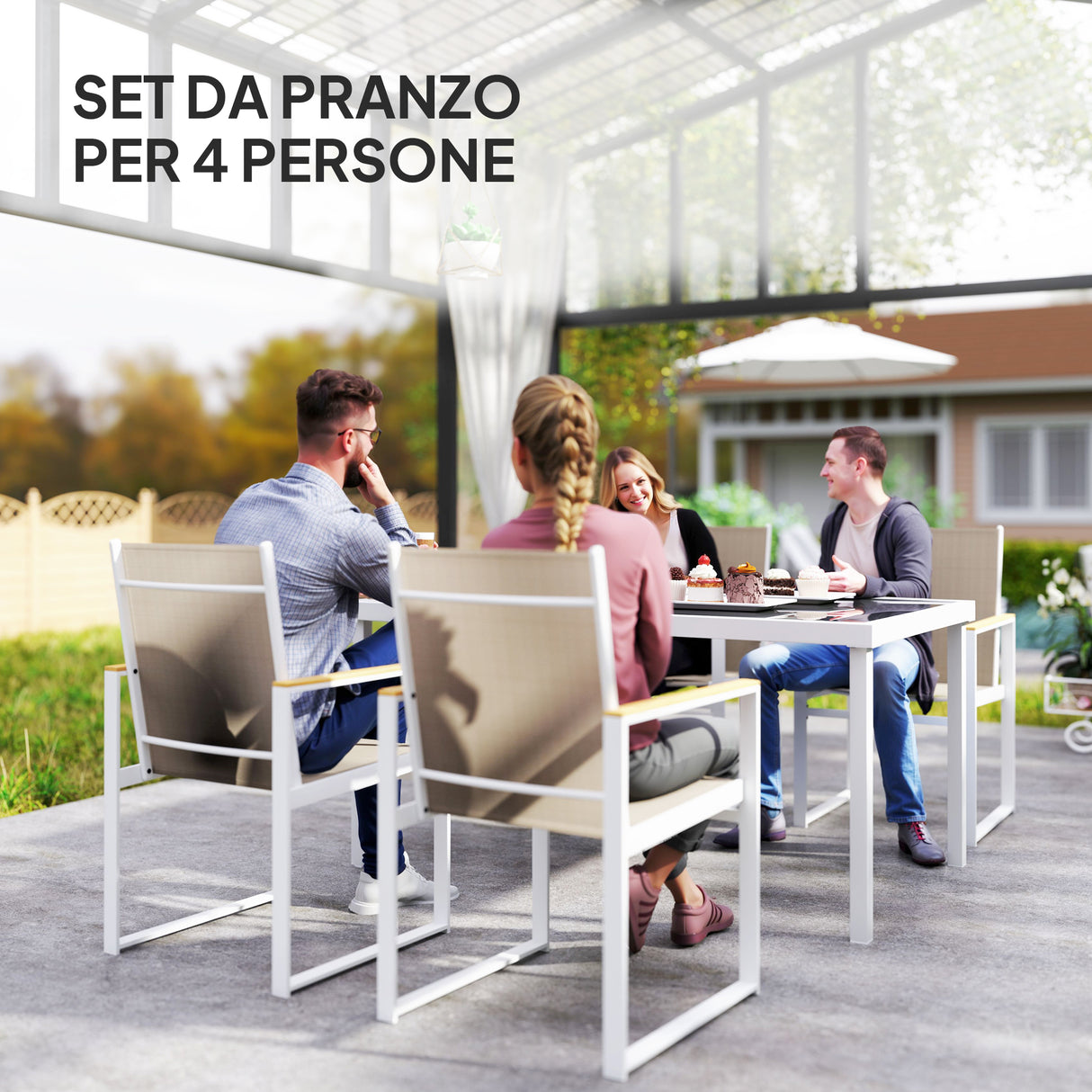 easycomfort easycomfort set da giardino con tavolo da pranzo in vetro rettangolare e 4 sedie con braccioli multicolore
