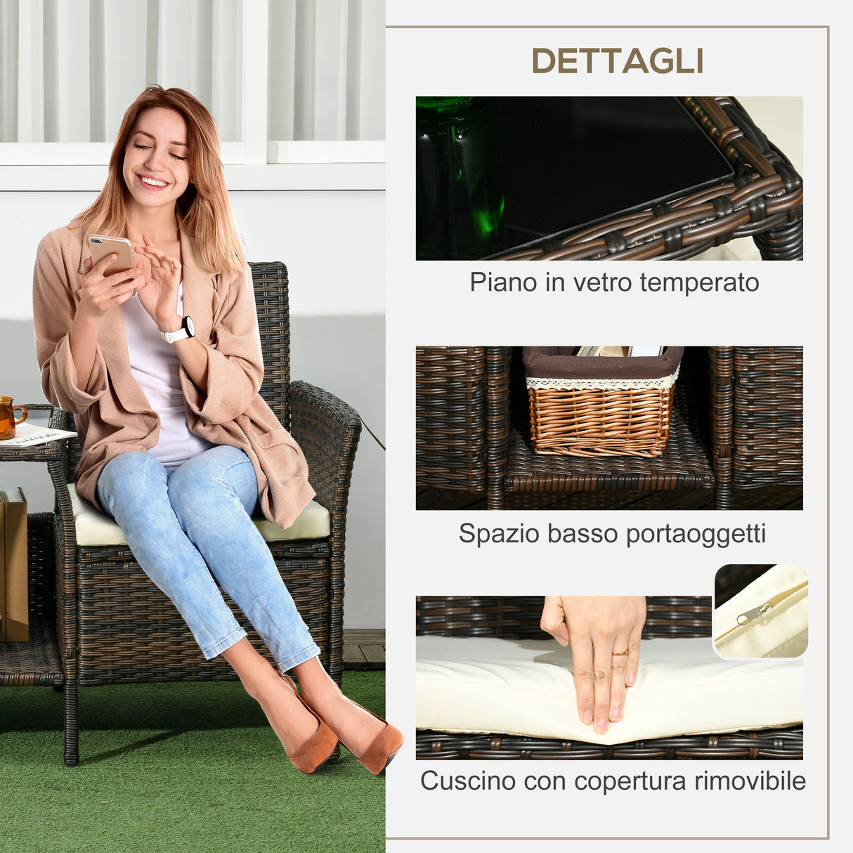 easycomfort easycomfort set da giardino in rattan con 2 sedie moderne e tavolino da caffe 138x60x87 cm marrone