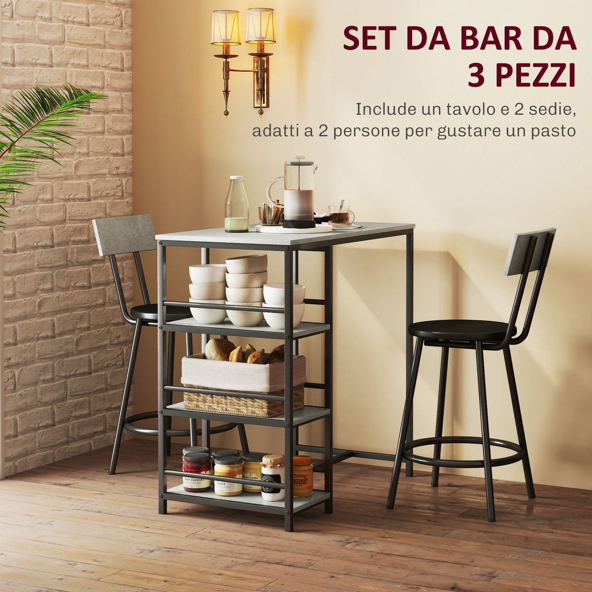 easycomfort easycomfort set da pranzo 3 pezzi con bancone bar con ripiani e 2 sedie alte con schienale grigio chiaro