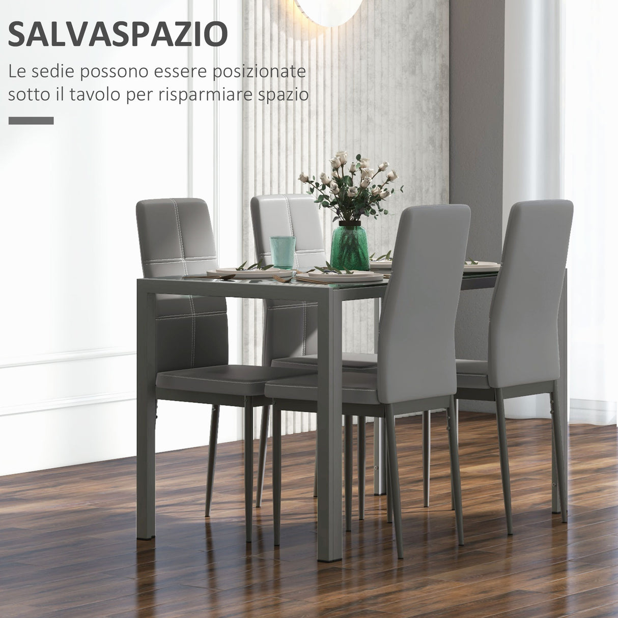 easycomfort easycomfort set da pranzo 5 pezzi con 1 tavolo da pranzo e 4 sedie moderne in similpelle metallo e vetro temperato grigio