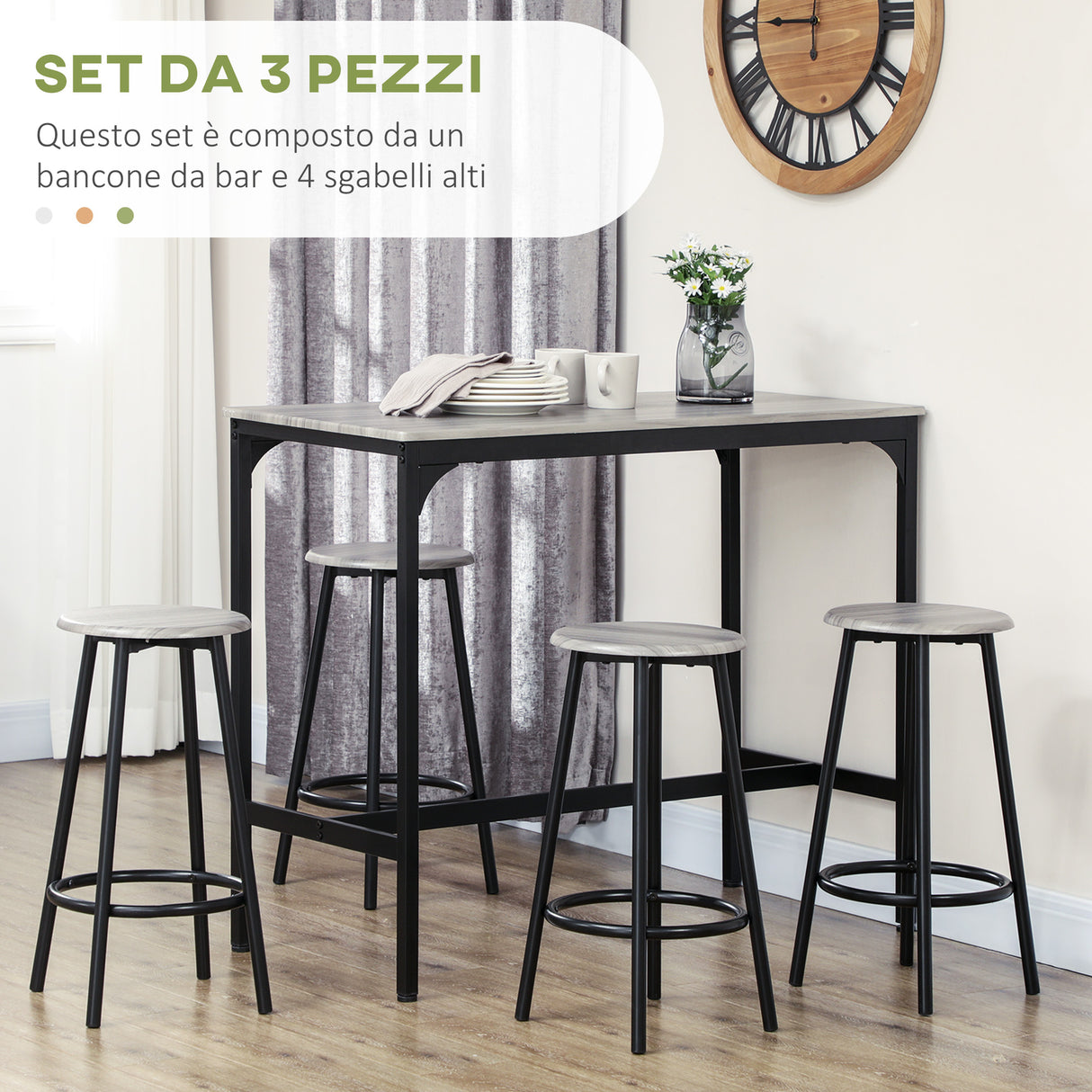 easycomfort easycomfort set da pranzo 5 pezzi con bancone da bar 110x50x89 5 cm e sgabelli 30x60 5 cm in legno e metallo grigio e nero