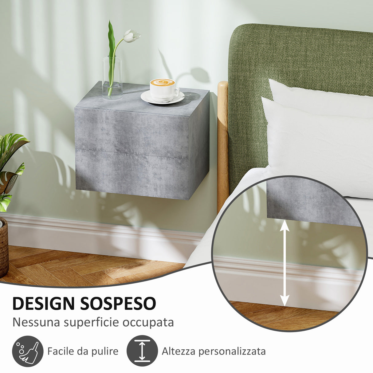 easycomfort easycomfort set di 2 comodini sospesi con 2 cassetti moderni e salvaspazio 40x29x30 cm grigio cemento