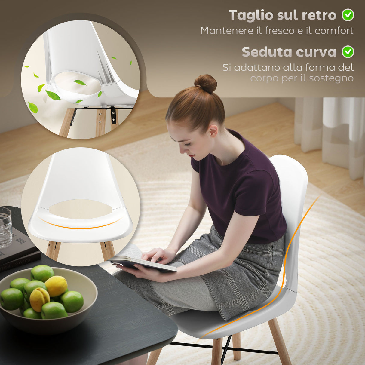 easycomfort easycomfort set di 2 sedie da pranzo in plastica e legno stile nordico con schienale curvato bianco
