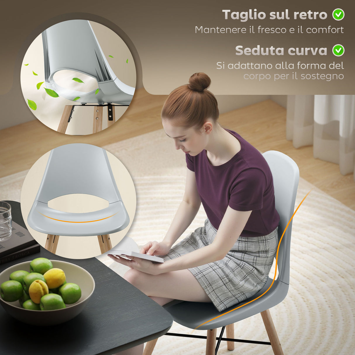easycomfort easycomfort set di 2 sedie da pranzo in plastica e legno stile nordico con schienale curvato grigio