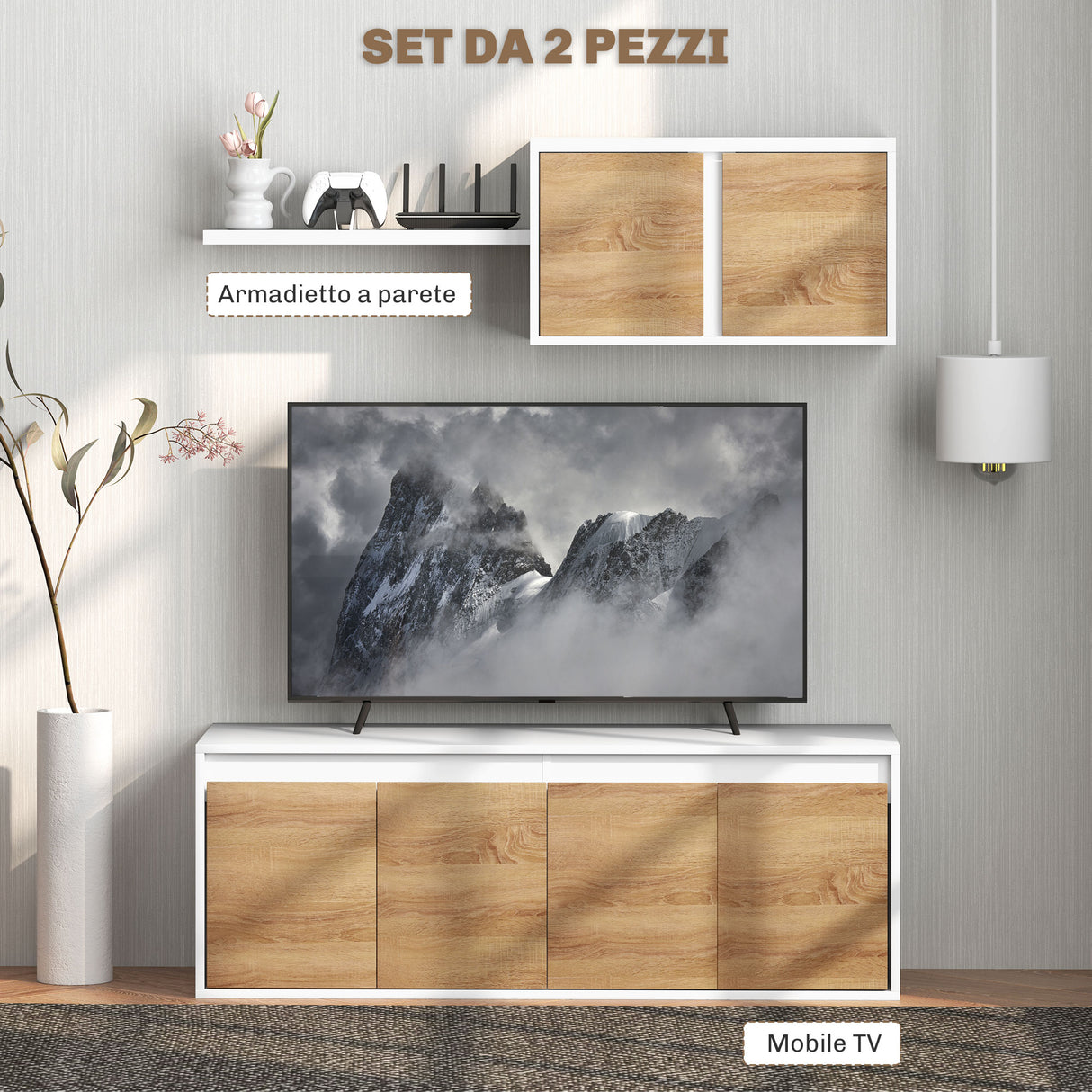 easycomfort easycomfort set mobile tv e armadietto a muro con 7 ripiani e scaffale aperto in legno 120x41x43 3 cm bianco e color legno