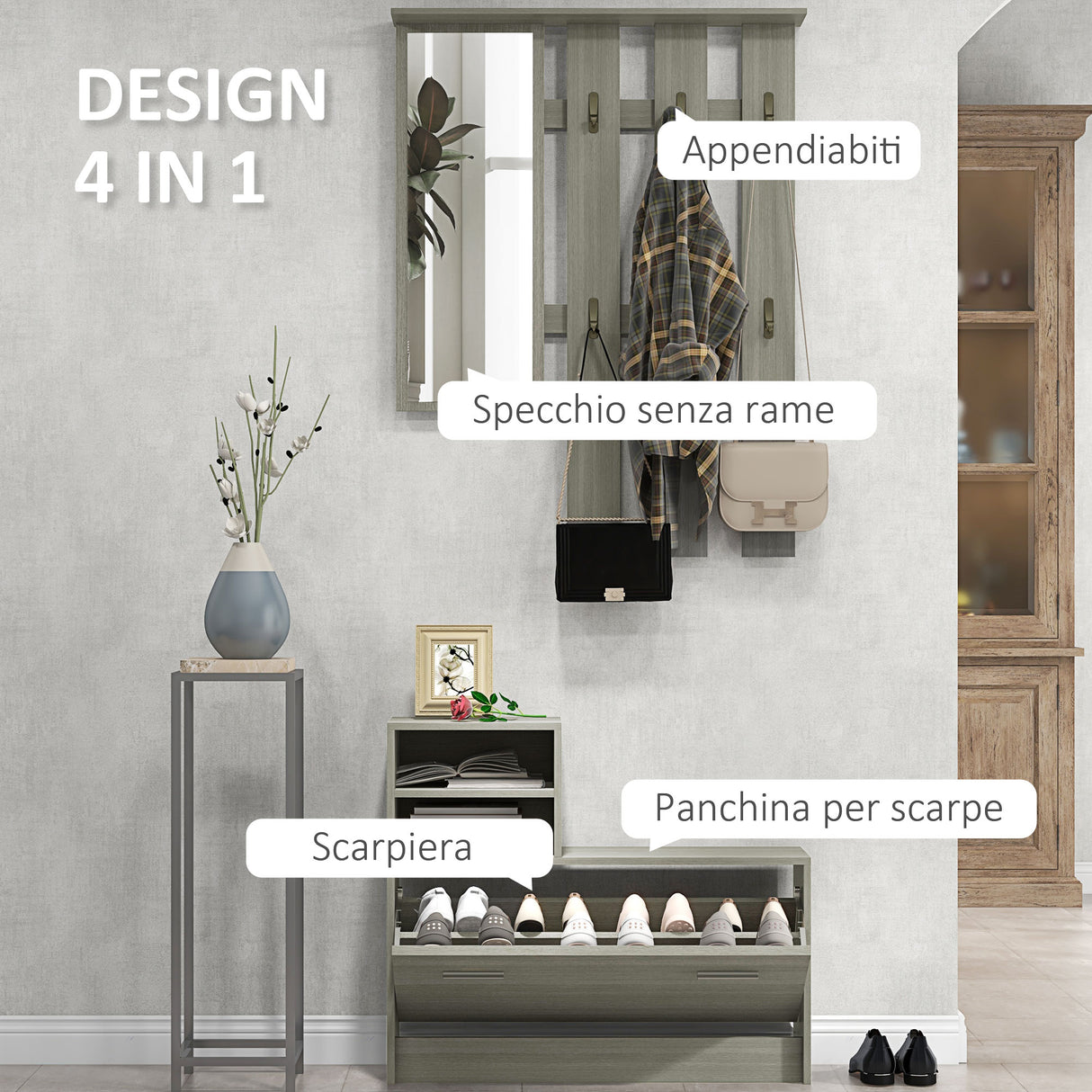 easycomfort easycomfort set mobili da ingresso con appendiabiti specchio panca con scaffale e scarpiera per 8 paia di scarpe grigio
