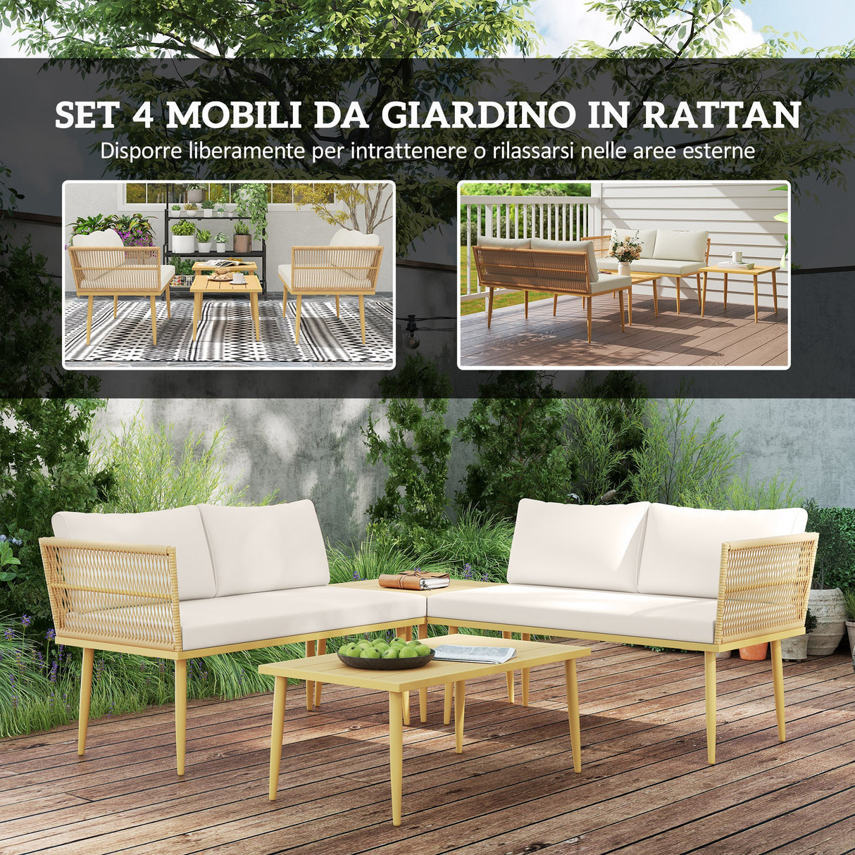 easycomfort easycomfort set salotto da esterno in rattan pe con 2 divani a 2 posti con cuscini e 2 tavoli da caffe colore legno