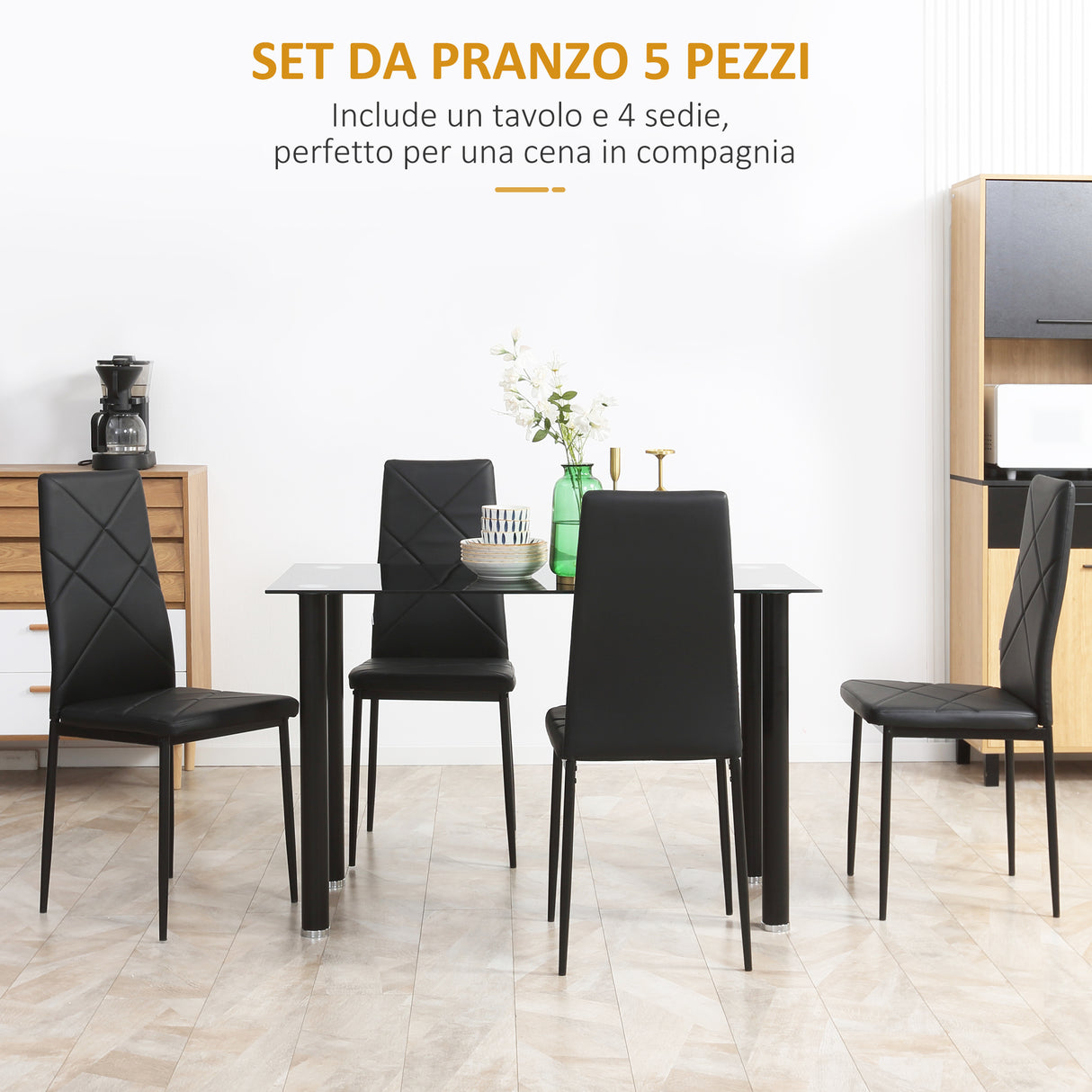 easycomfort easycomfort set tavolo da pranzo con 4 sedie piano in vetro e sedie imbottite in finta pelle nero