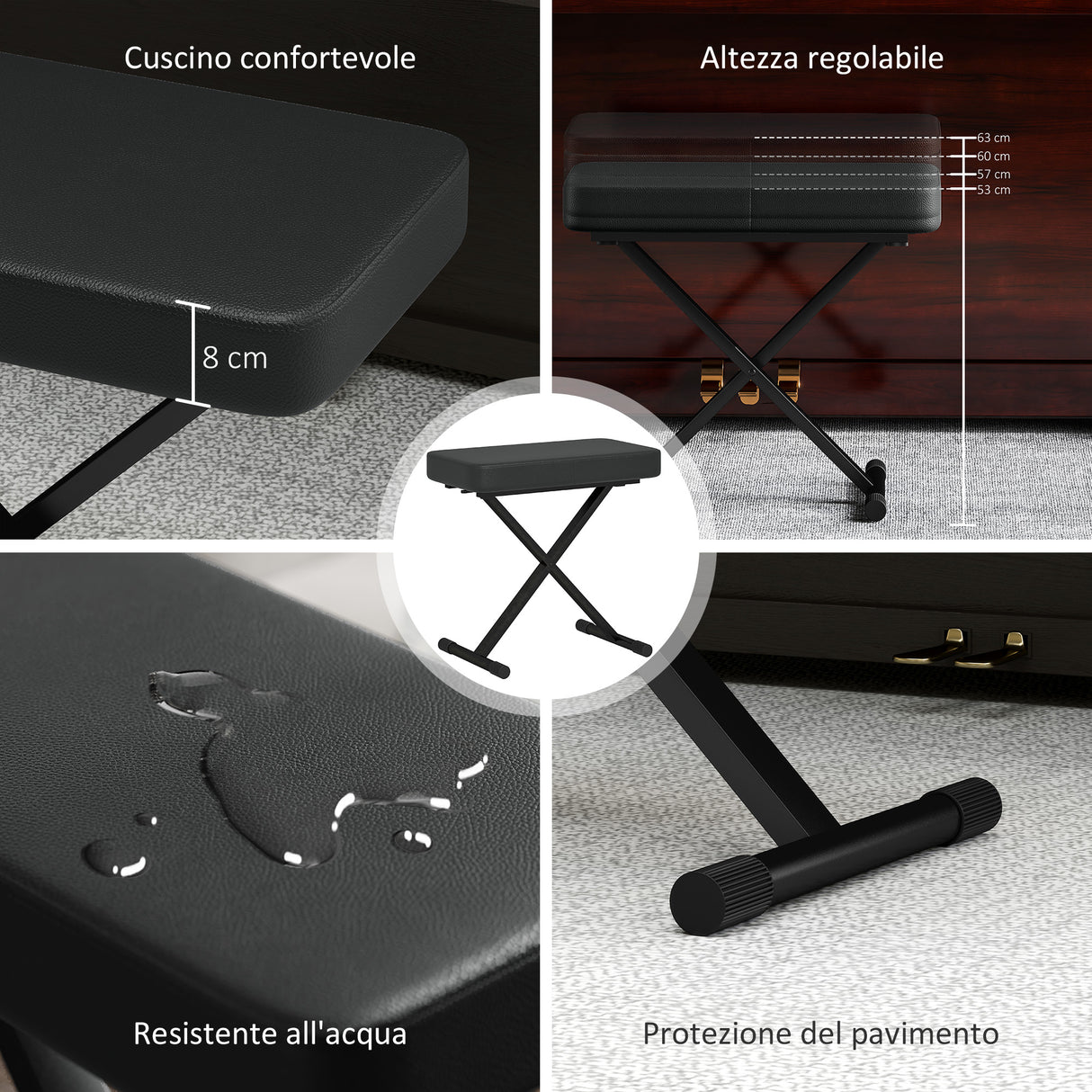 easycomfort easycomfort sgabello per pianoforte pieghevole e regolabile su 4 altezze in pelle pu schiuma e metallo 60x32x53 63 cm nero