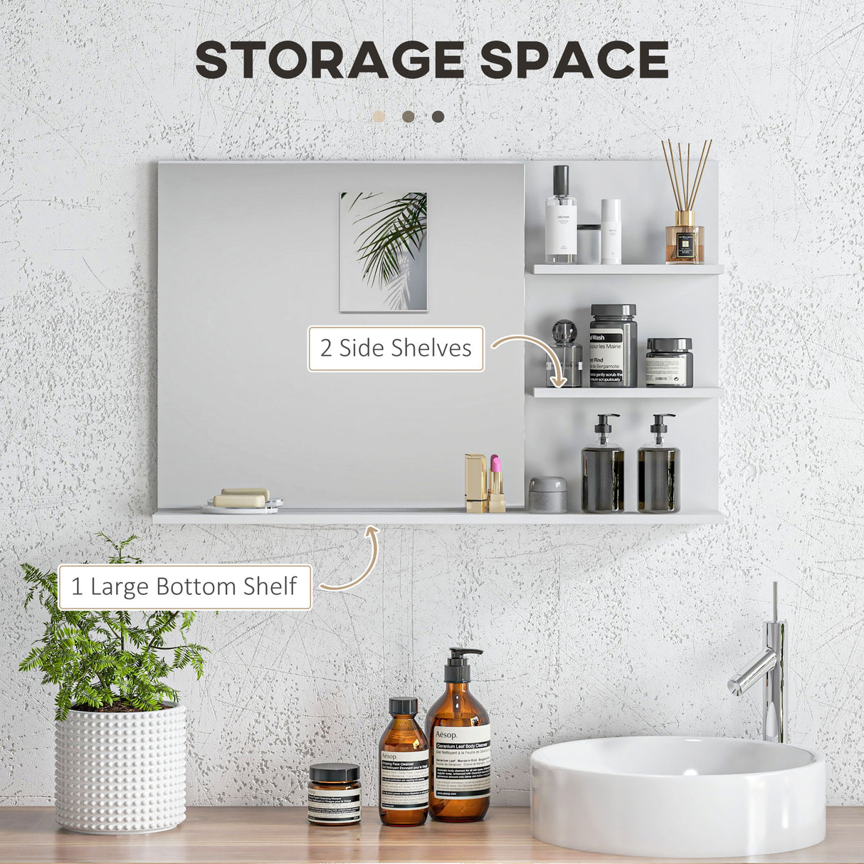 easycomfort easycomfort specchio da bagno a parete con 2 ripiani laterali e ripiano inferiore in mdf e vetro 75x10x48 cm bianco