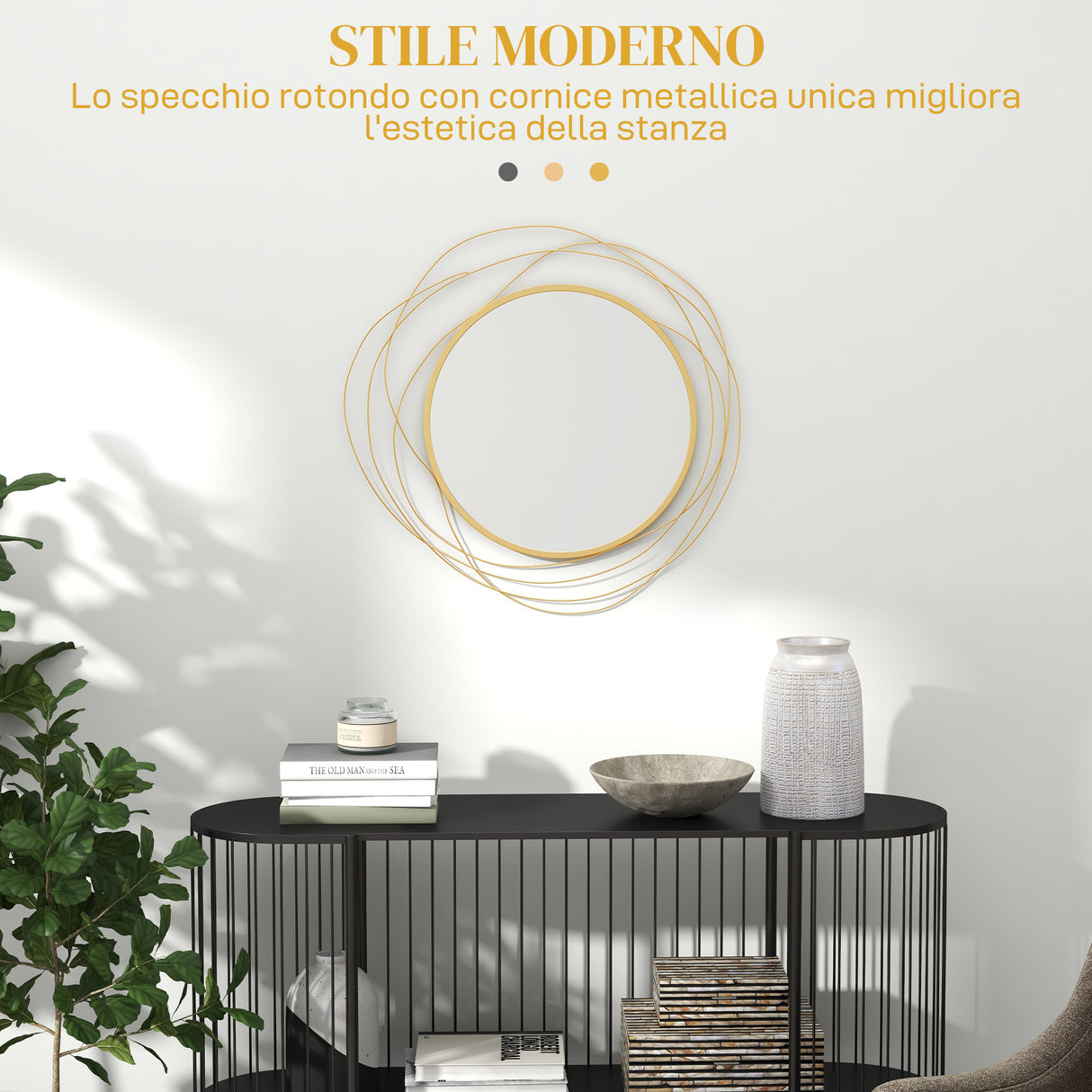 easycomfort easycomfort specchio moderno e rotondo decorativo a muro con ganci in vetro e metallo 65x1 cm oro