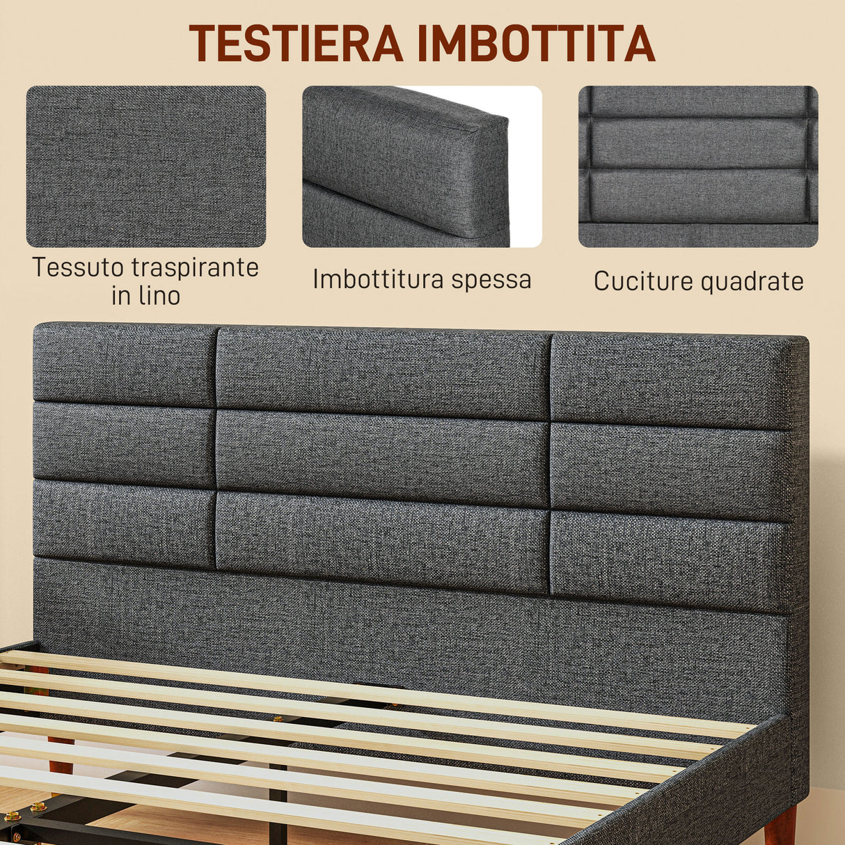 easycomfort easycomfort struttura letto con testiera per materassi matrimoniali in tessuto 141x207x88 cm grigia