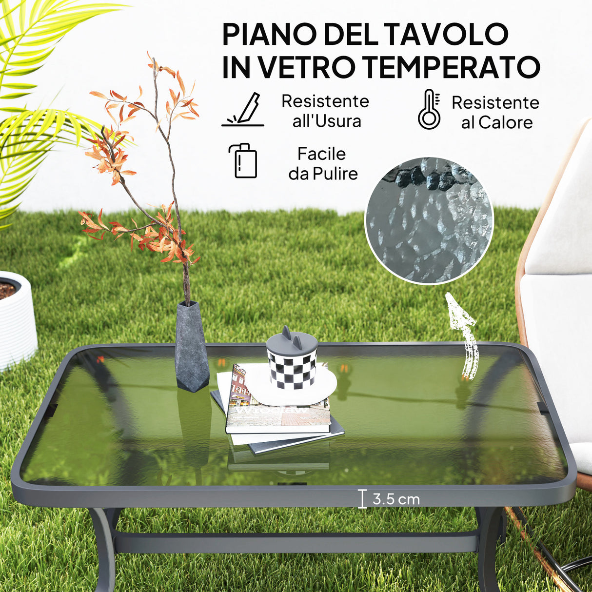 easycomfort easycomfort tavolino da esterno rettangolare in metallo nero con piano in vetro temperato 95x55x46 cm